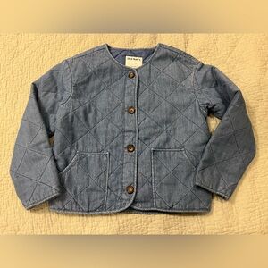 Size 10/12 Girls Collarless Quilted Chambray Button-Front Jacket with pockets